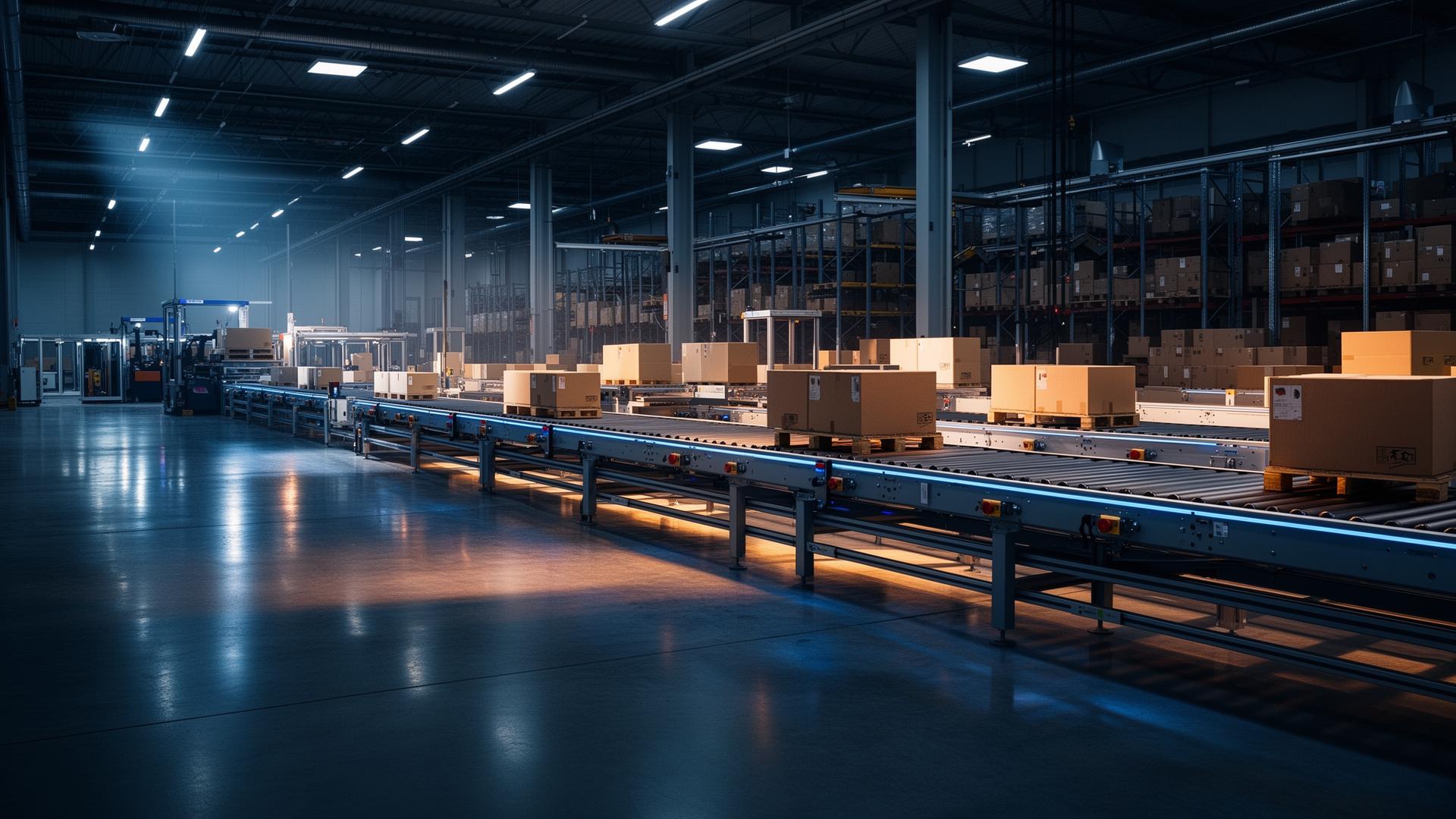 Modern automated warehouse with roller conveyor systems